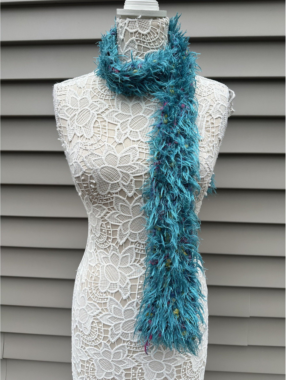 Vintage Teal Fuzzy Scarf with Multicolor Accents Cozy Winter Accessory